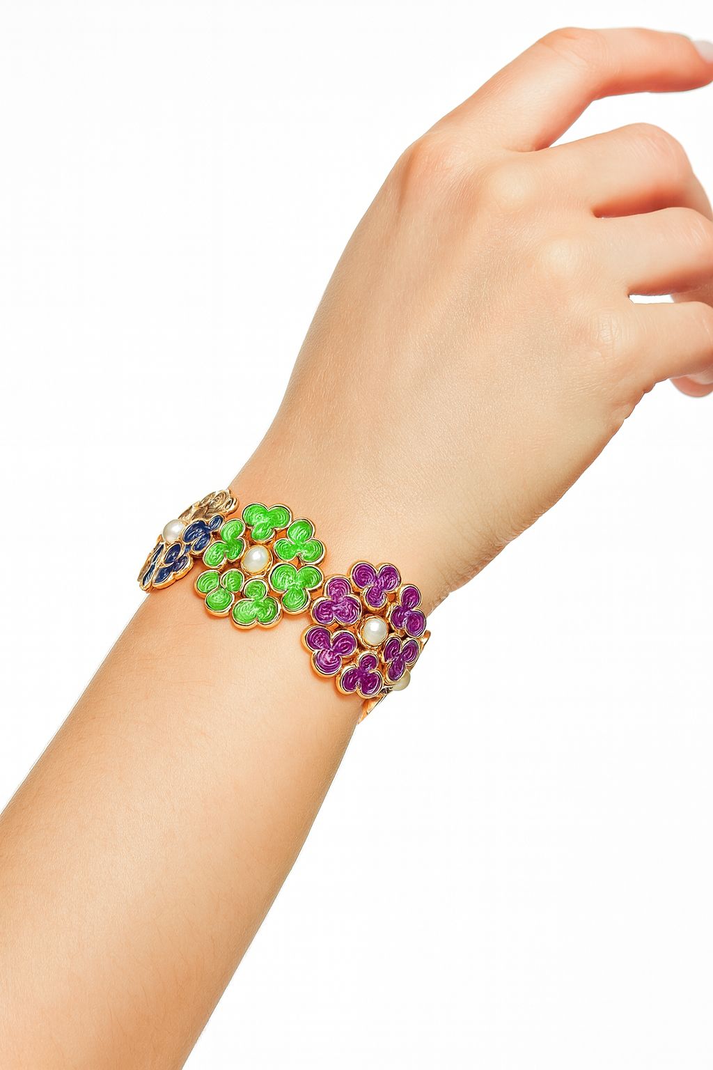 Close-up of floral enamel bracelet set in multi-color design