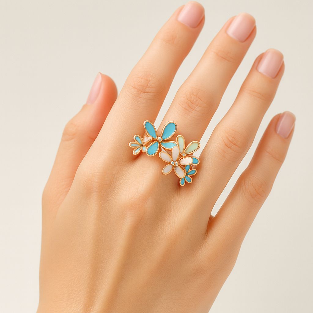 women wearing kc gold enamel statement ring