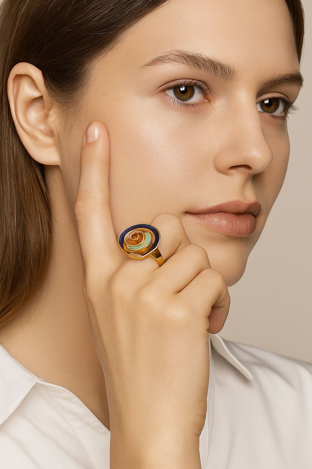 Artistic enamel ring worn on hand, elegant floral design