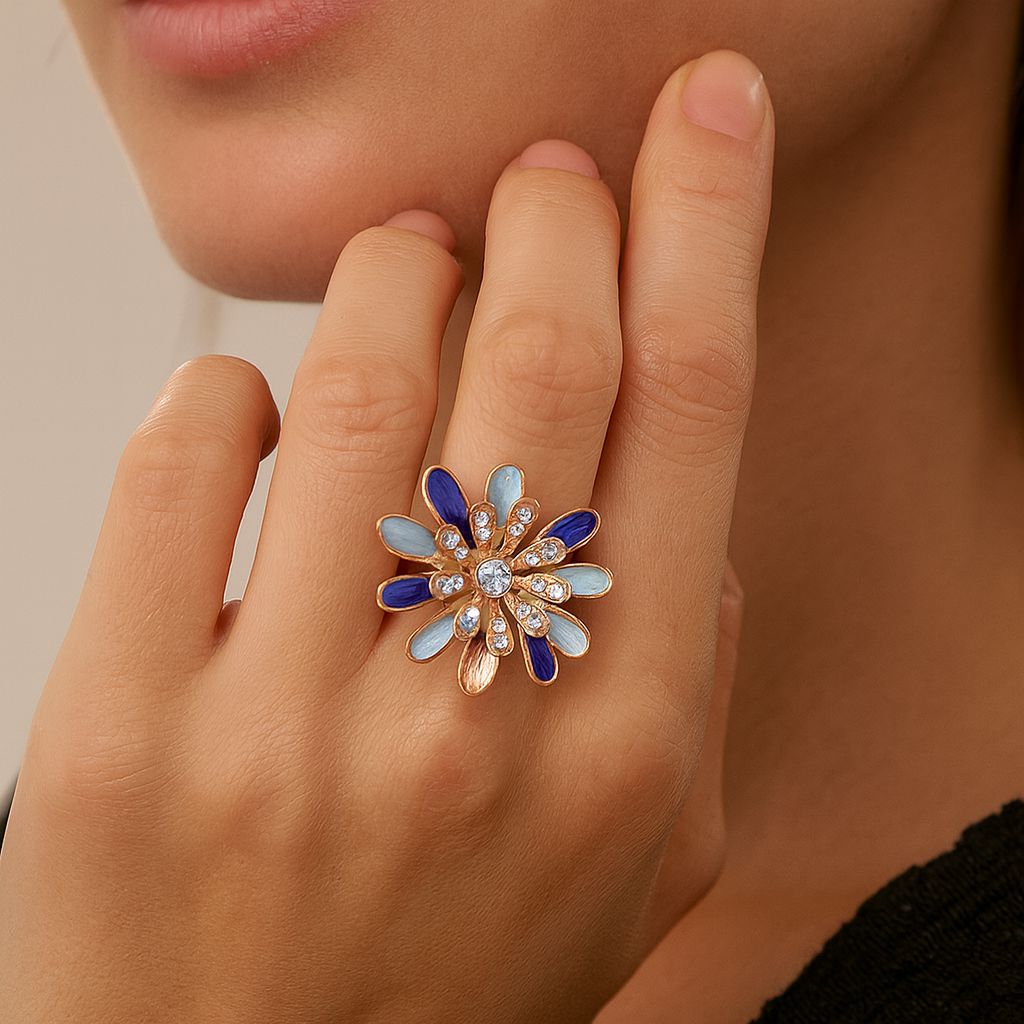Adjustable hand painted enamel flower ring worn on hand
