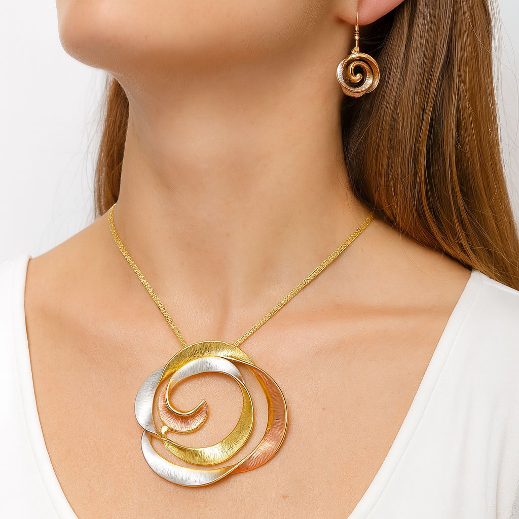 Spiral Swirl Statement Necklace and Earrings Set – KC Gold Plated Alloy with Hand-Painted Enamel