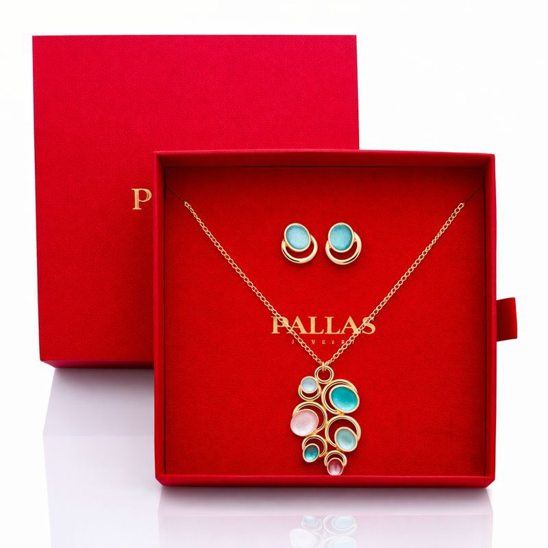 Hand painted enamel gold necklace and earrings set in luxury gift box