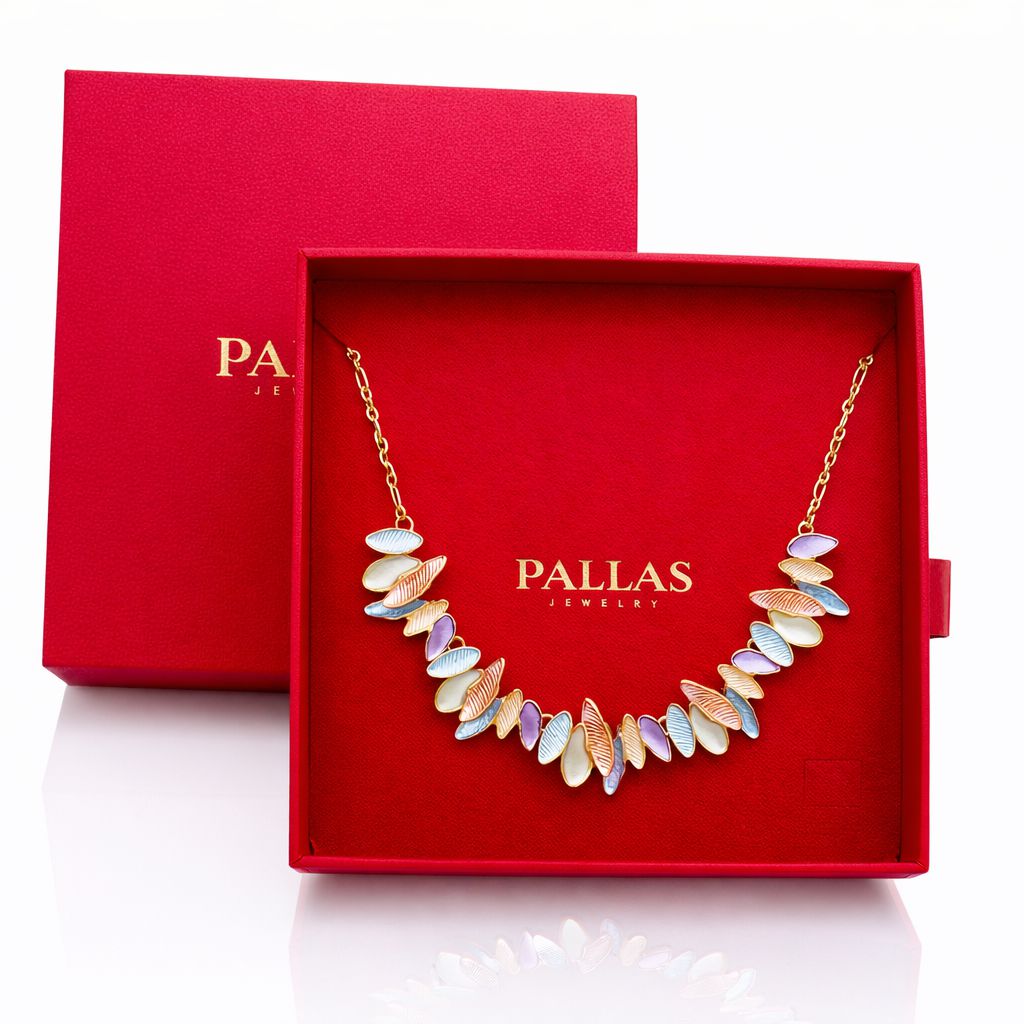 Hand painted enamel leaf necklace set in luxury red gift box