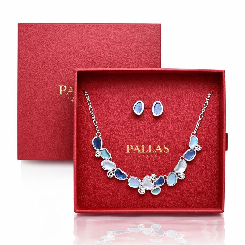 Hand painted enamel necklace and earring set in KC gold plated alloy displayed in gift box