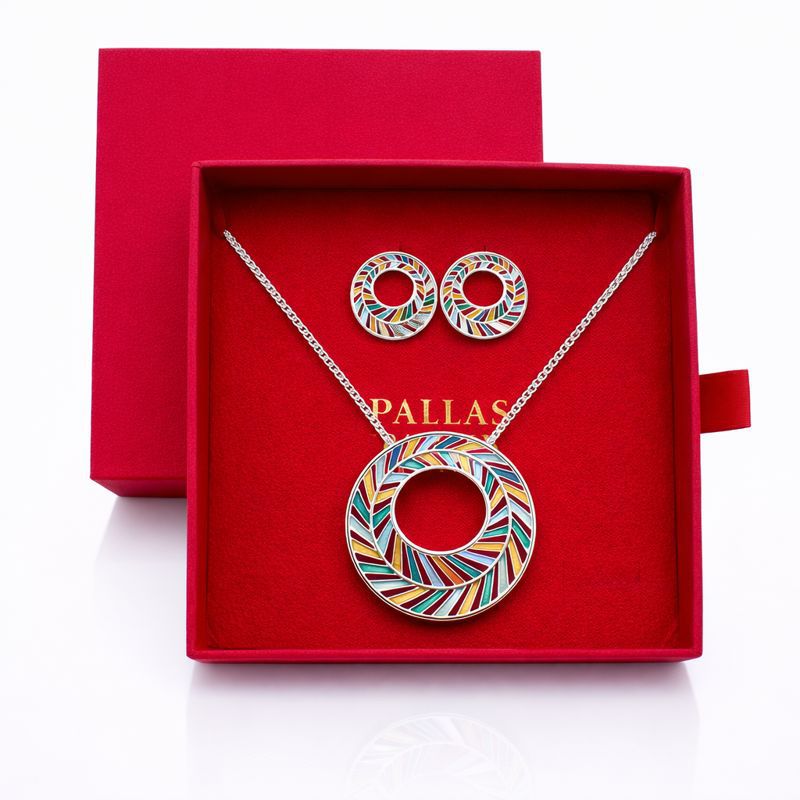 Hand painted enamel circle necklace and earrings set with KC gold plating in gift box