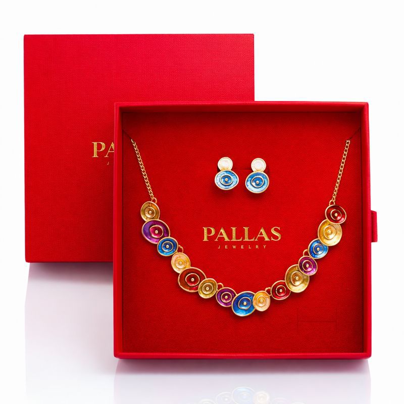Enamel disc necklace and earrings set in luxury gift box