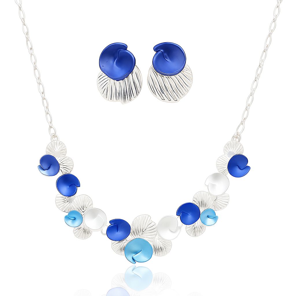 Model wearing artistic enamel necklace and earrings set