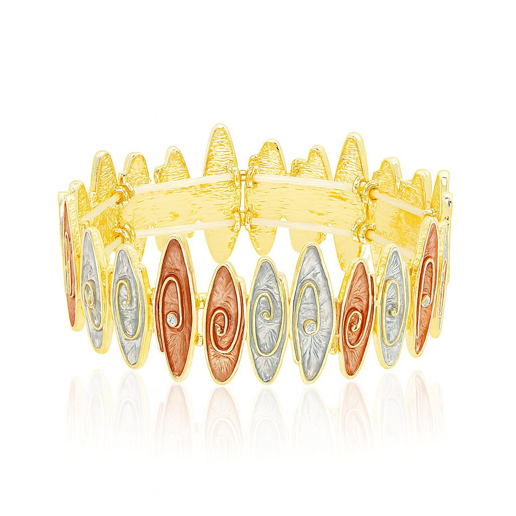 Artistic swirl enamel gold bracelet with colorful oval elements – side angle