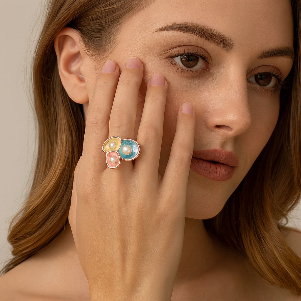 Artistic enamel pearl statement ring worn on hand