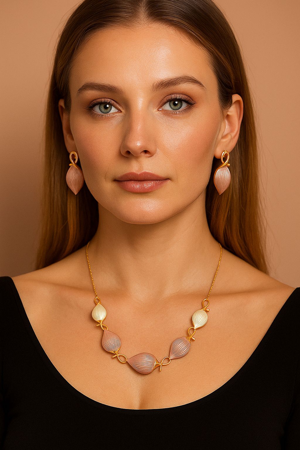 KC gold plated enamel petal necklace worn on model