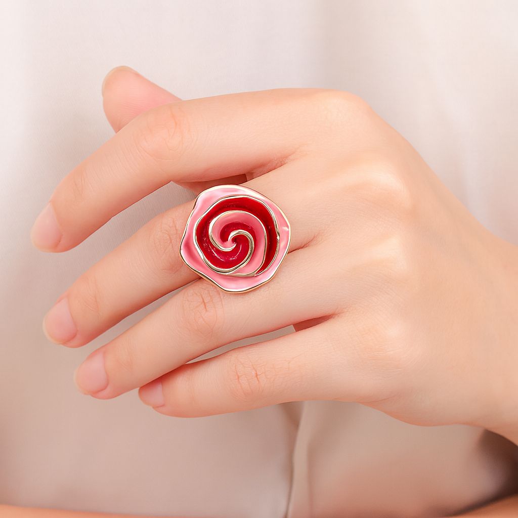 Statement enamel rose gold ring with swirl flower design
