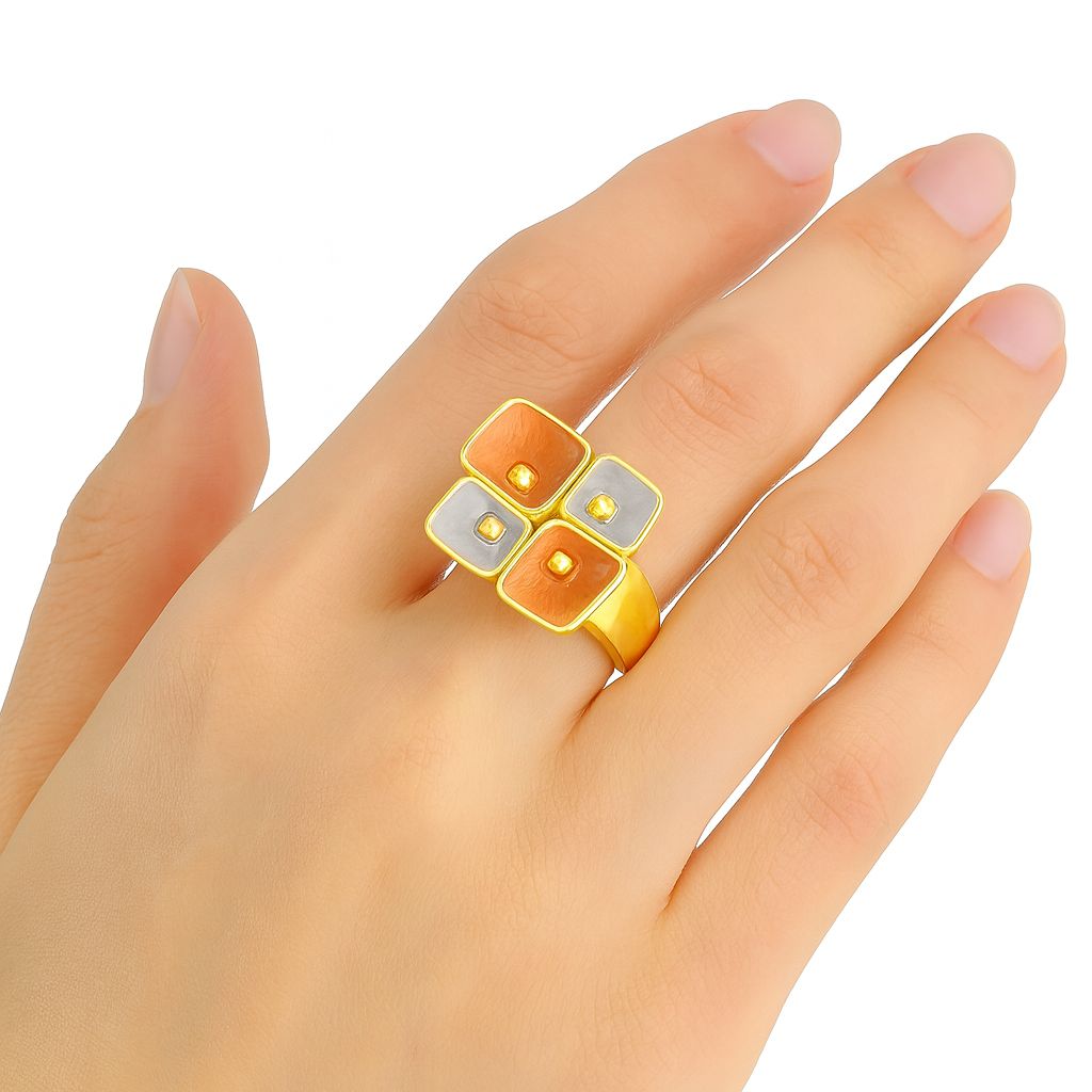 Modern artistic enamel ring in orange and silver tones