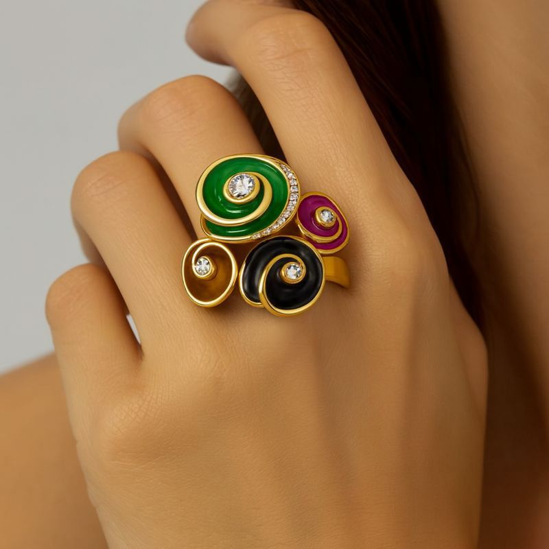 Artistic enamel statement ring worn on hand with KC gold plated finish