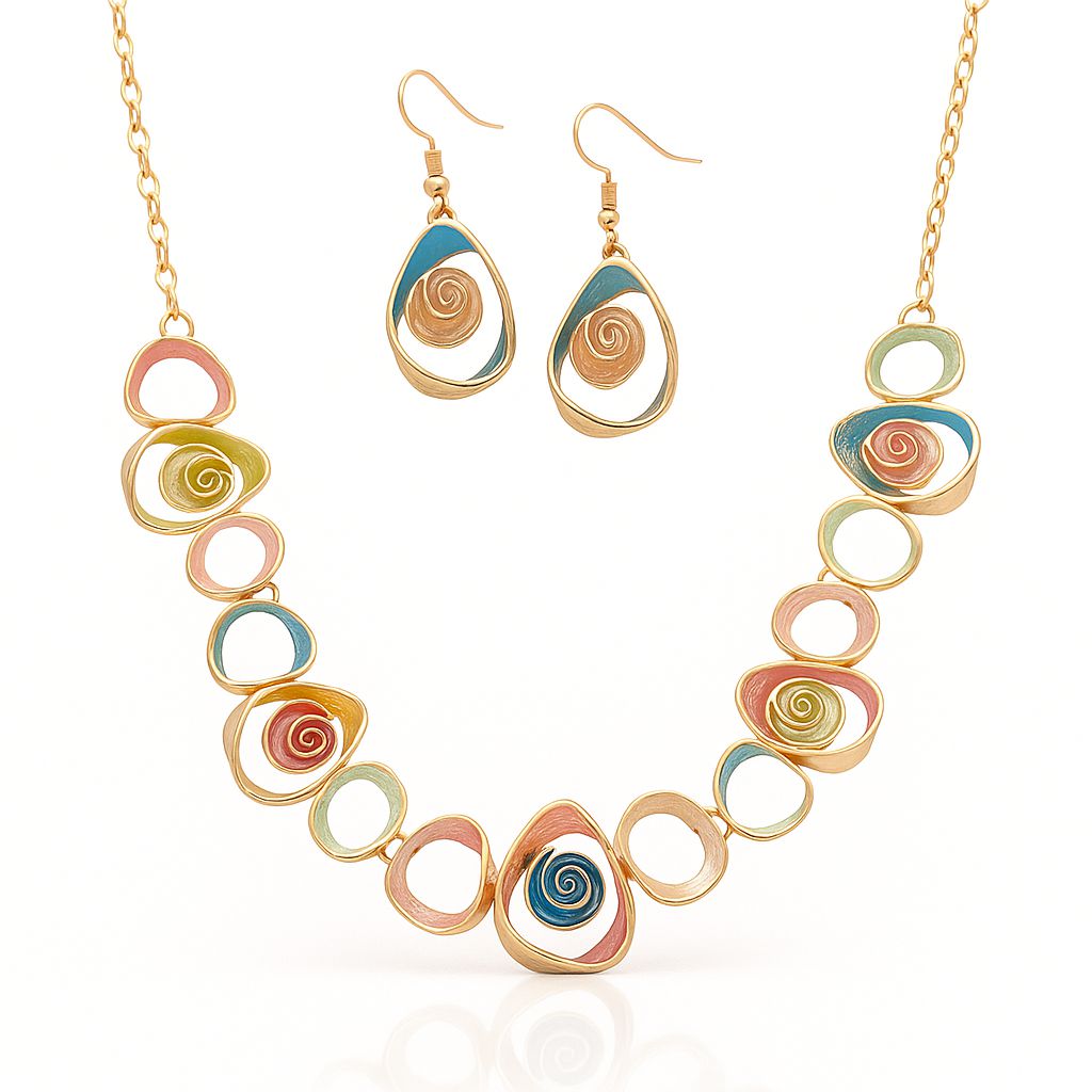 Enamel swirl necklace and drop earrings set with KC gold plated alloy