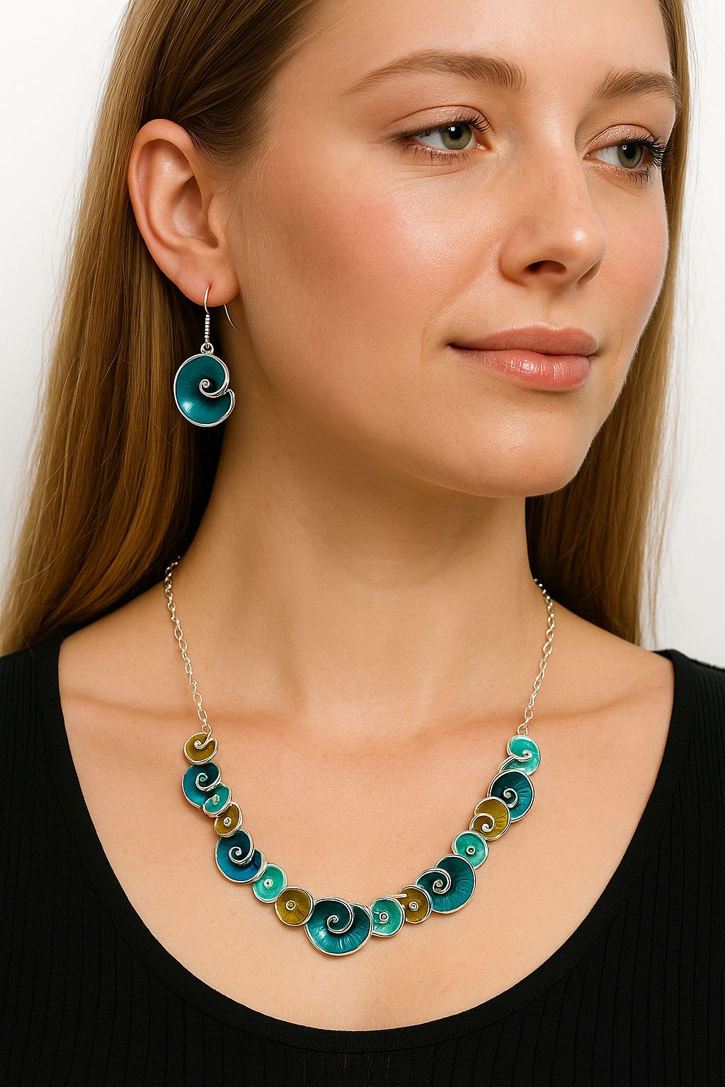 Hand painted enamel swirl earrings with KC gold finish close up