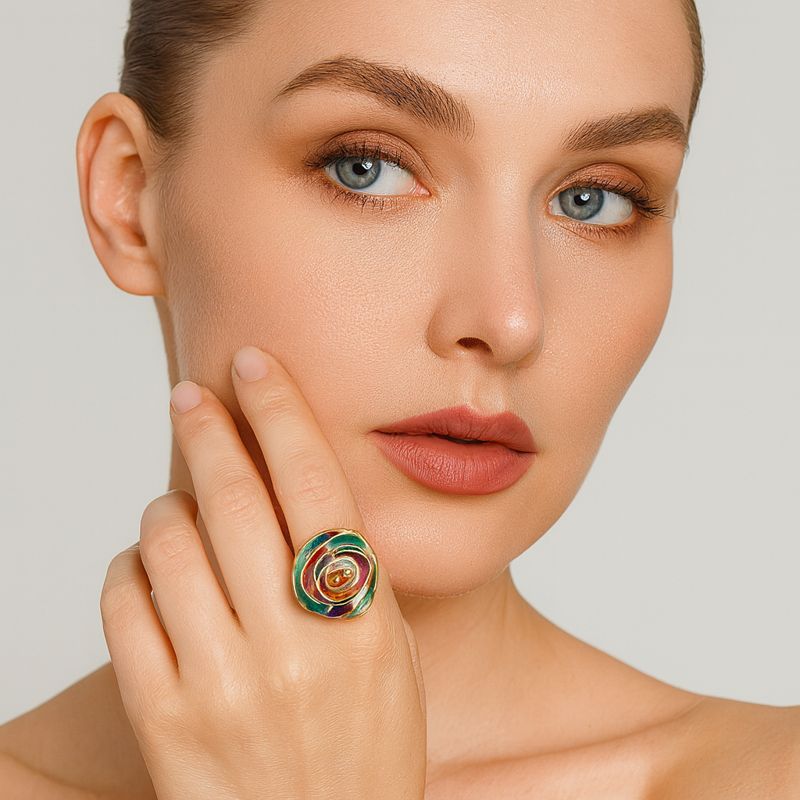 Artistic multicolor enamel swirl statement ring worn on hand