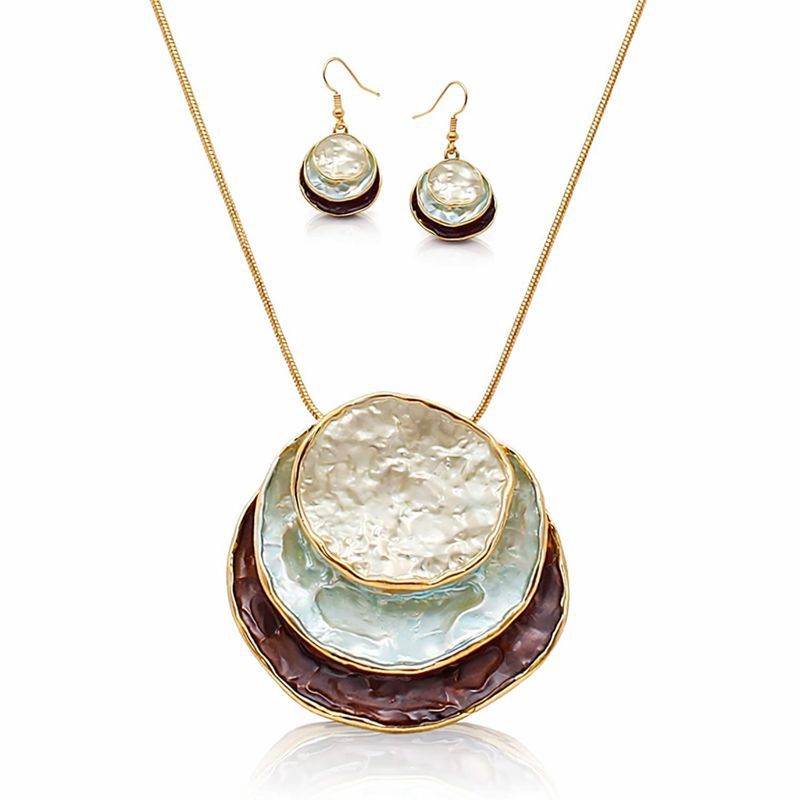 Textured layered disc necklace and earring set with KC gold tone finish