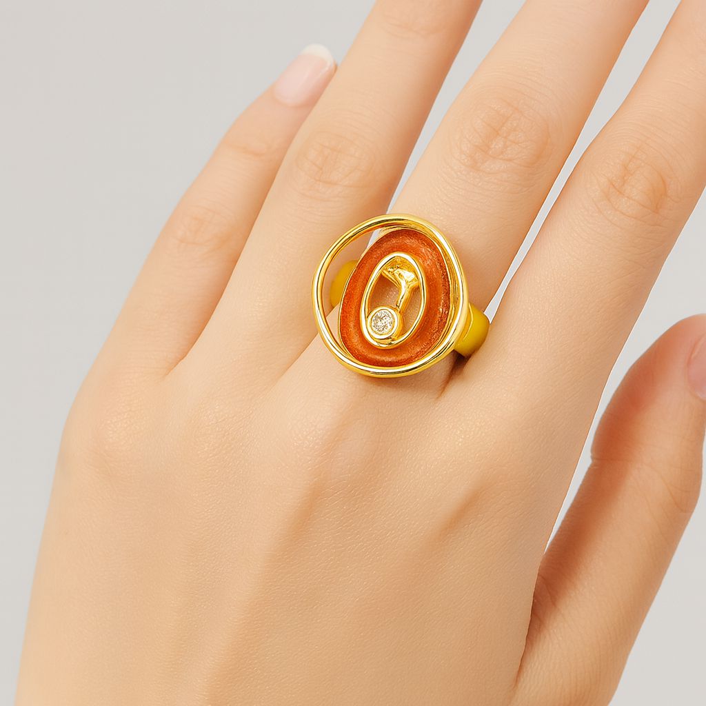 KC gold plated alloy ring with abstract enamel swirl design