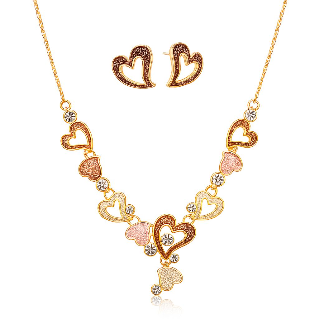 KC gold plated heart necklace and earrings set with hand-painted enamel details