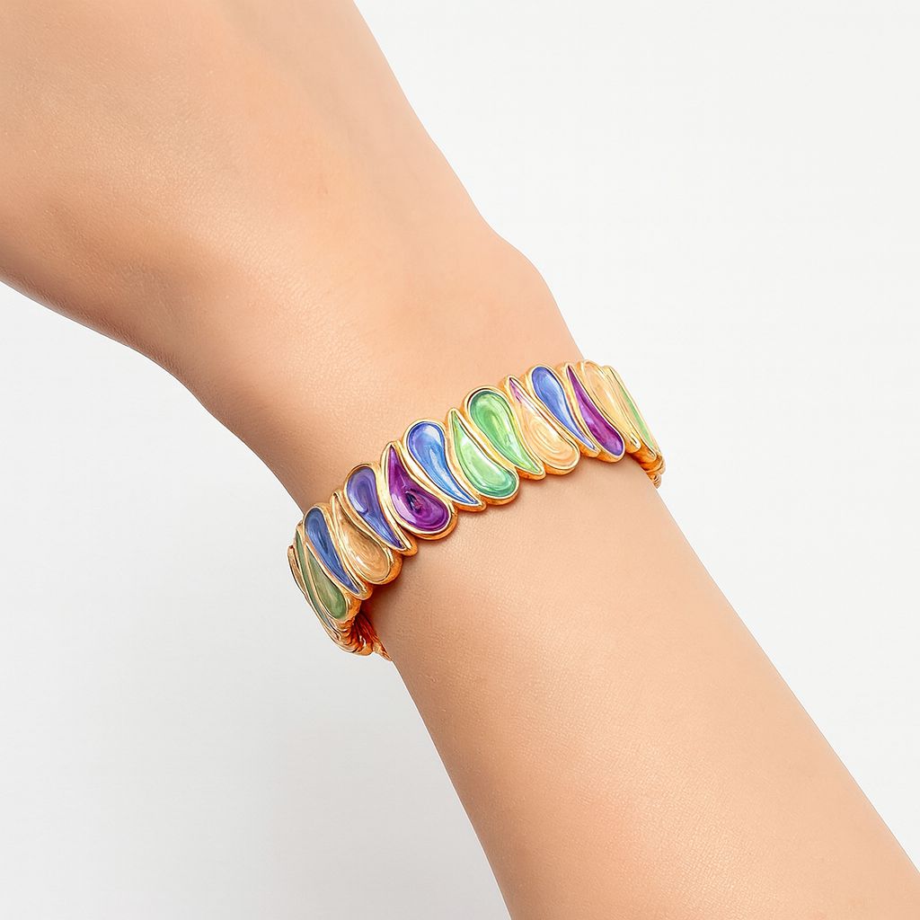 Model wearing multicolor artistic bracelet on wrist