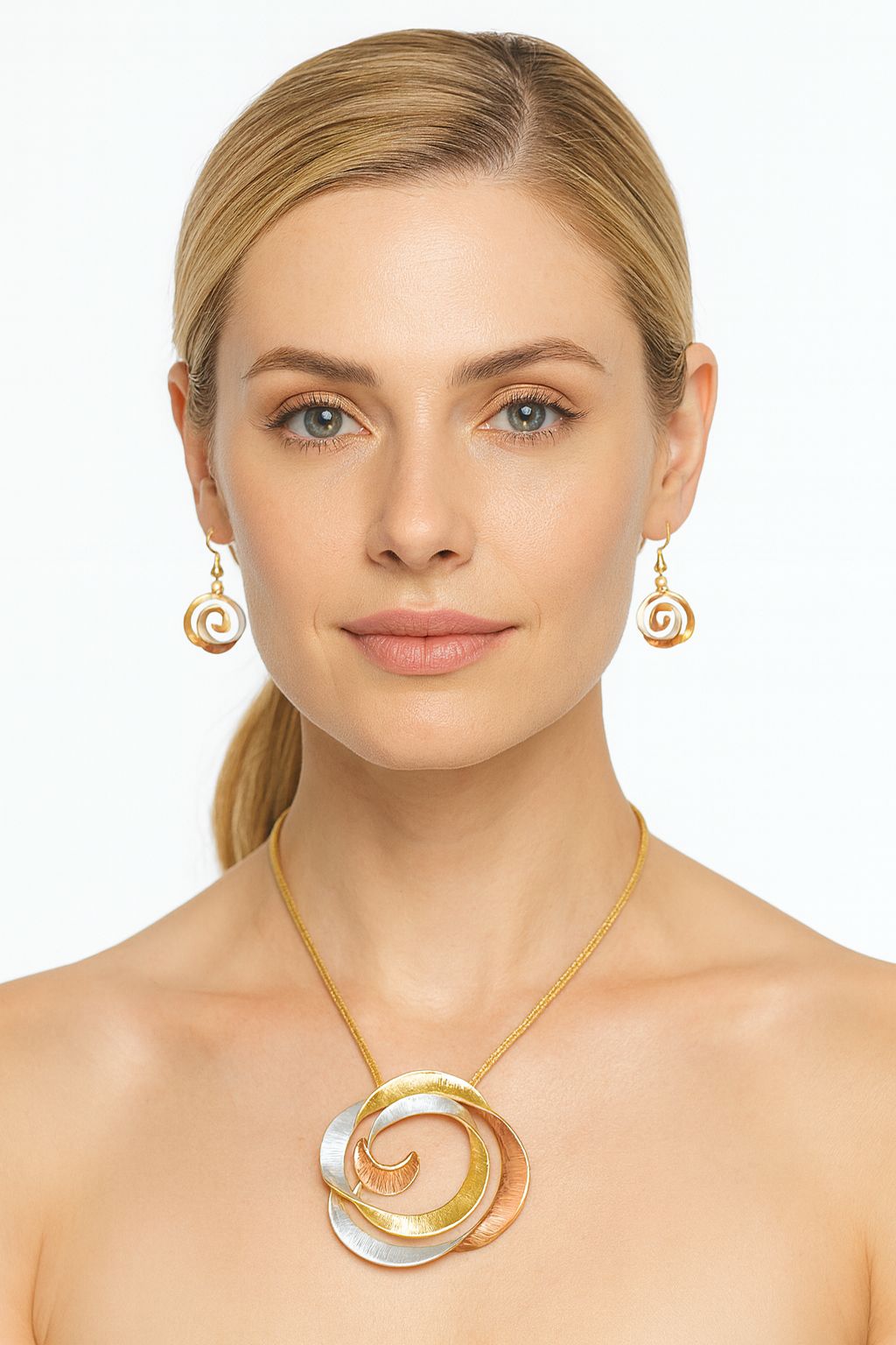 Spiral Swirl Statement Necklace and Earrings Set – KC Gold Plated Alloy with Hand-Painted Enamel
