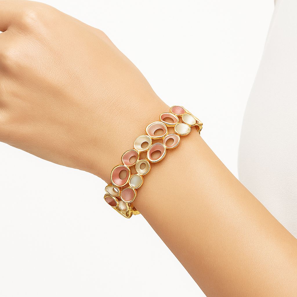 Model wearing handmade enamel bracelet set