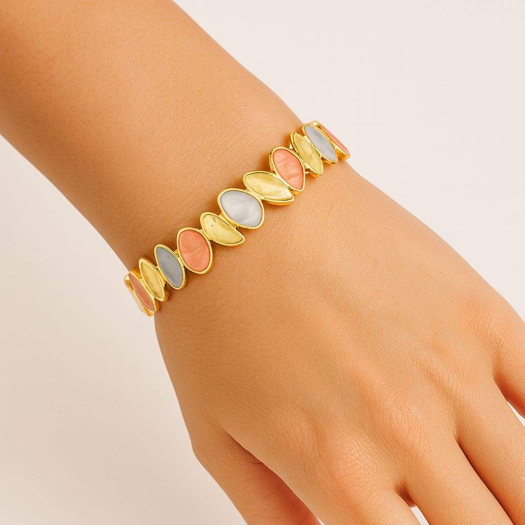 Model wearing artistic enamel bracelet