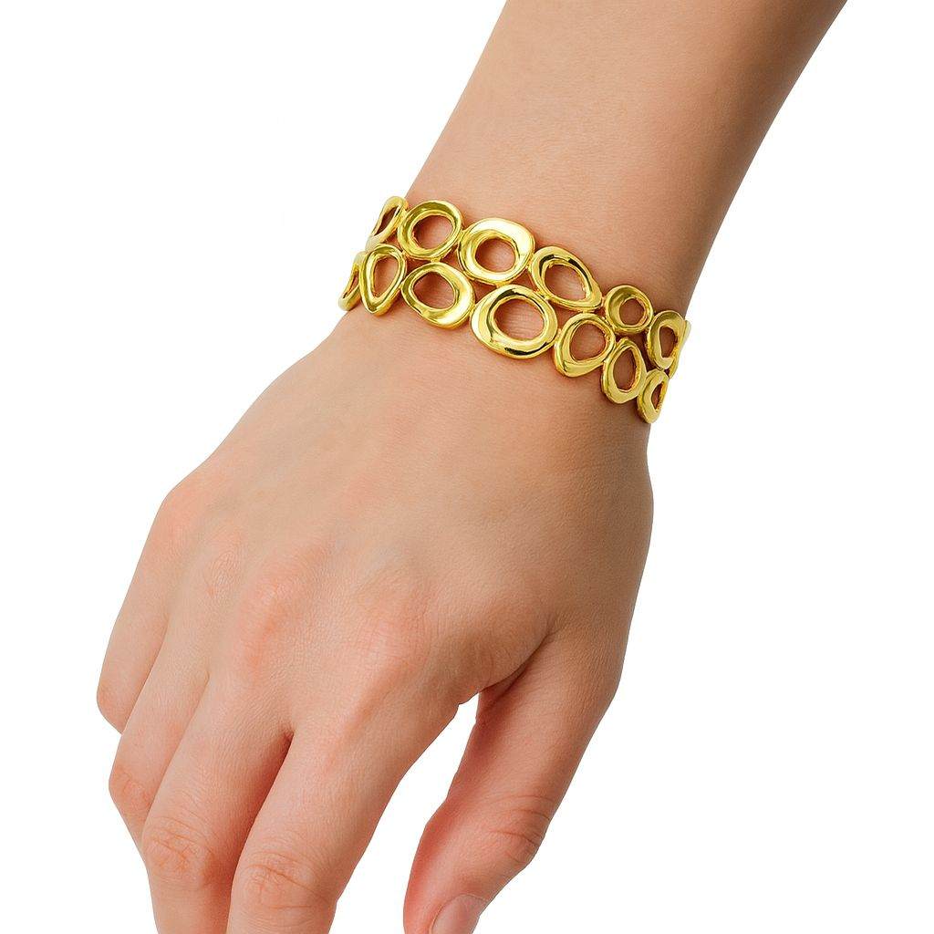 KC Gold Openwork Oval Bracelet on wrist, handmade textured gold alloy bangle for women