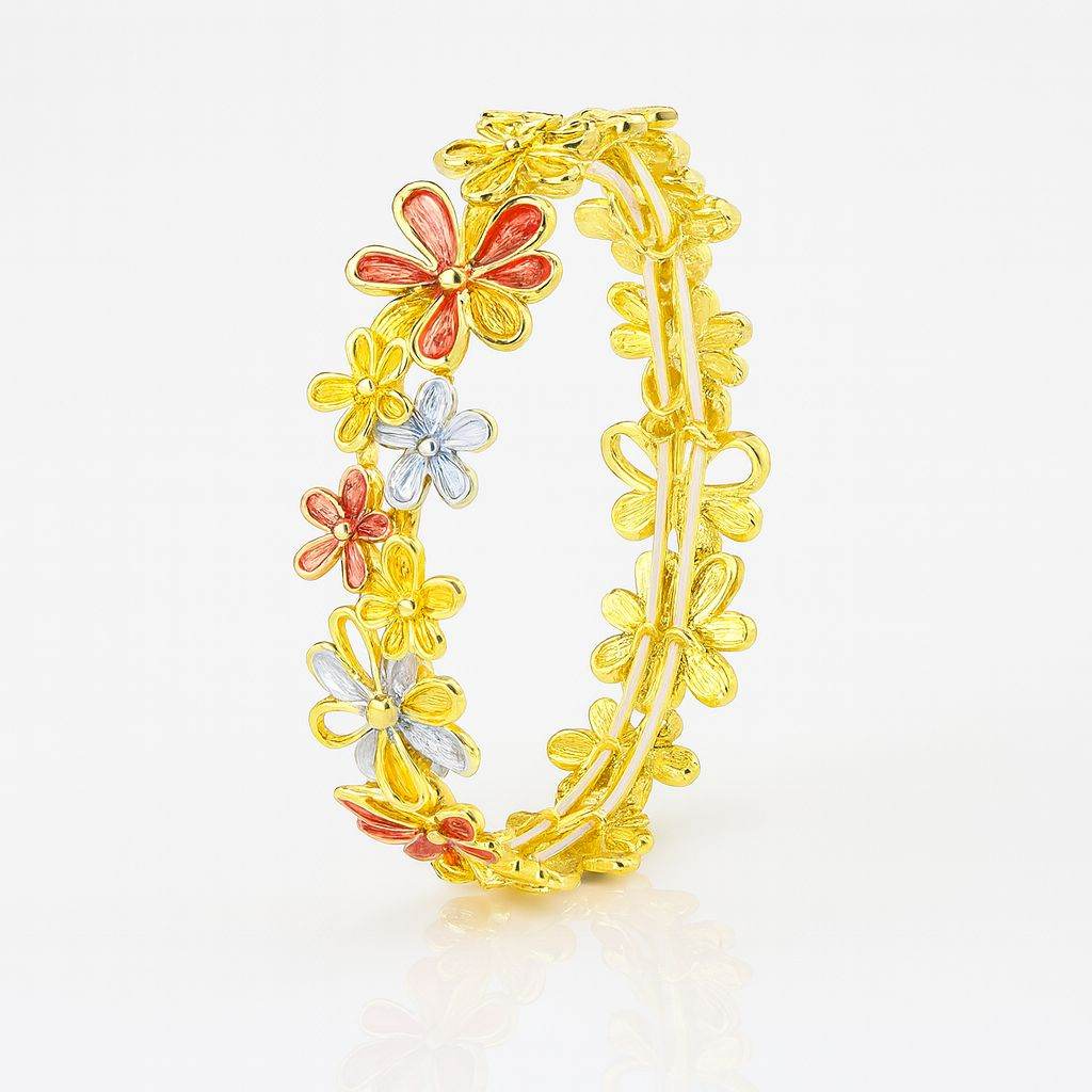 Vintage Gold-Plated Floral Bangle – Handmade Colorful Enamel Flowers Bracelet for Women