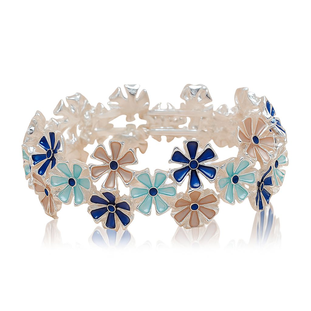 Model wearing colorful floral charm bracelet with hand-painted enamel design