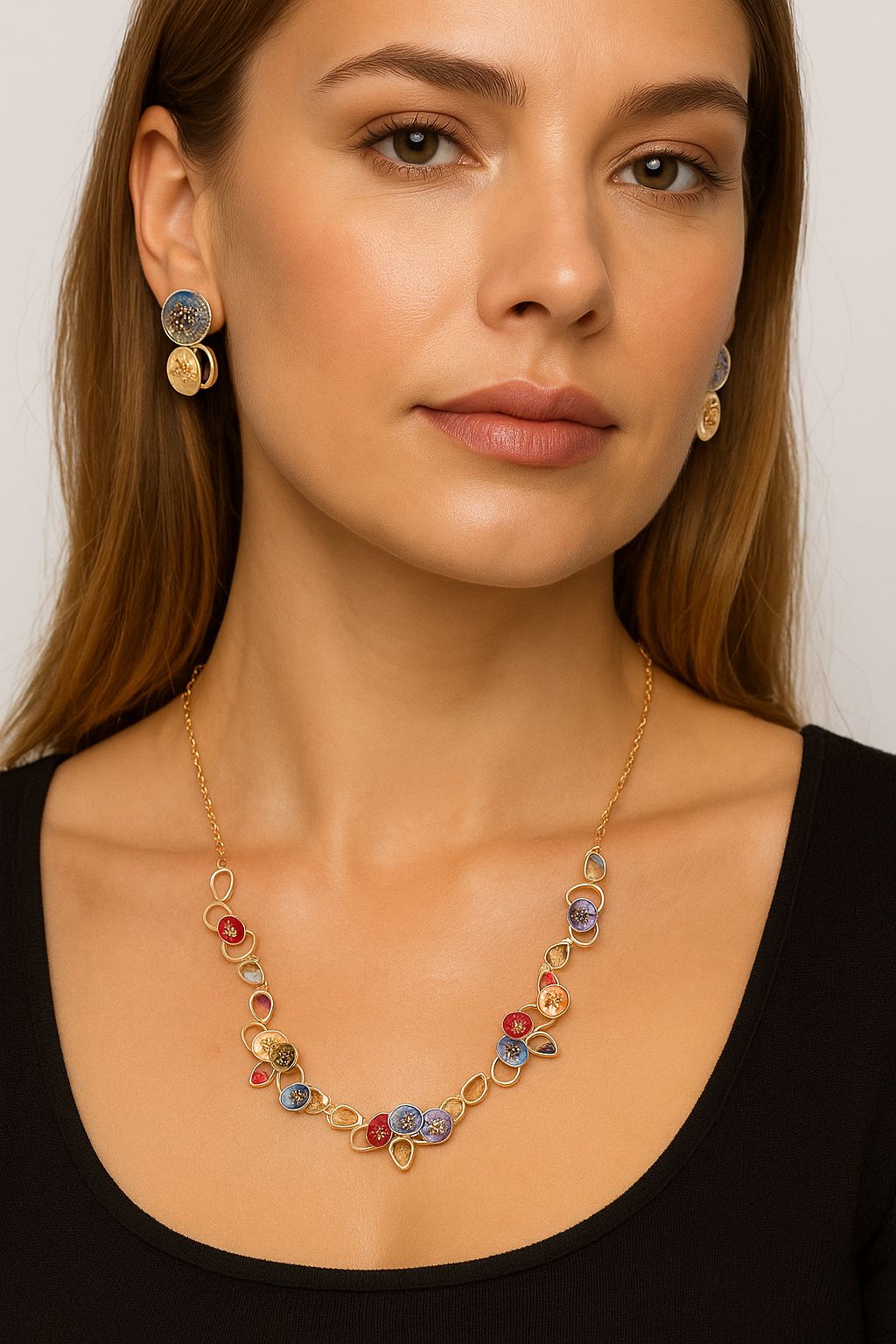 Hand painted enamel floral necklace worn with KC gold plated finish