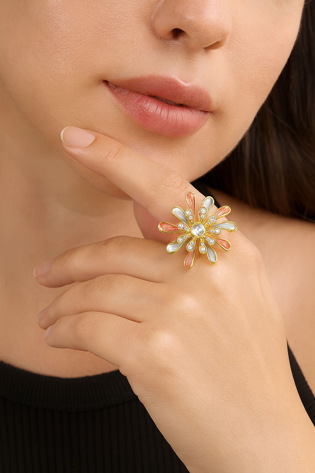 Multicolor enamel floral ring in KC gold with artistic petal details