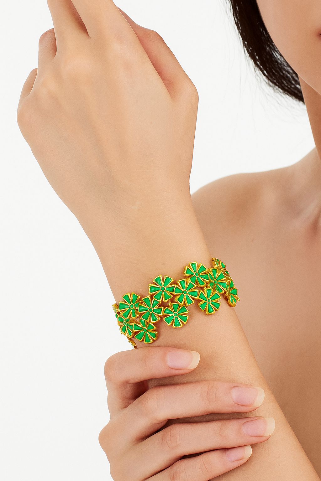 Green flower stretch bracelet worn on wrist