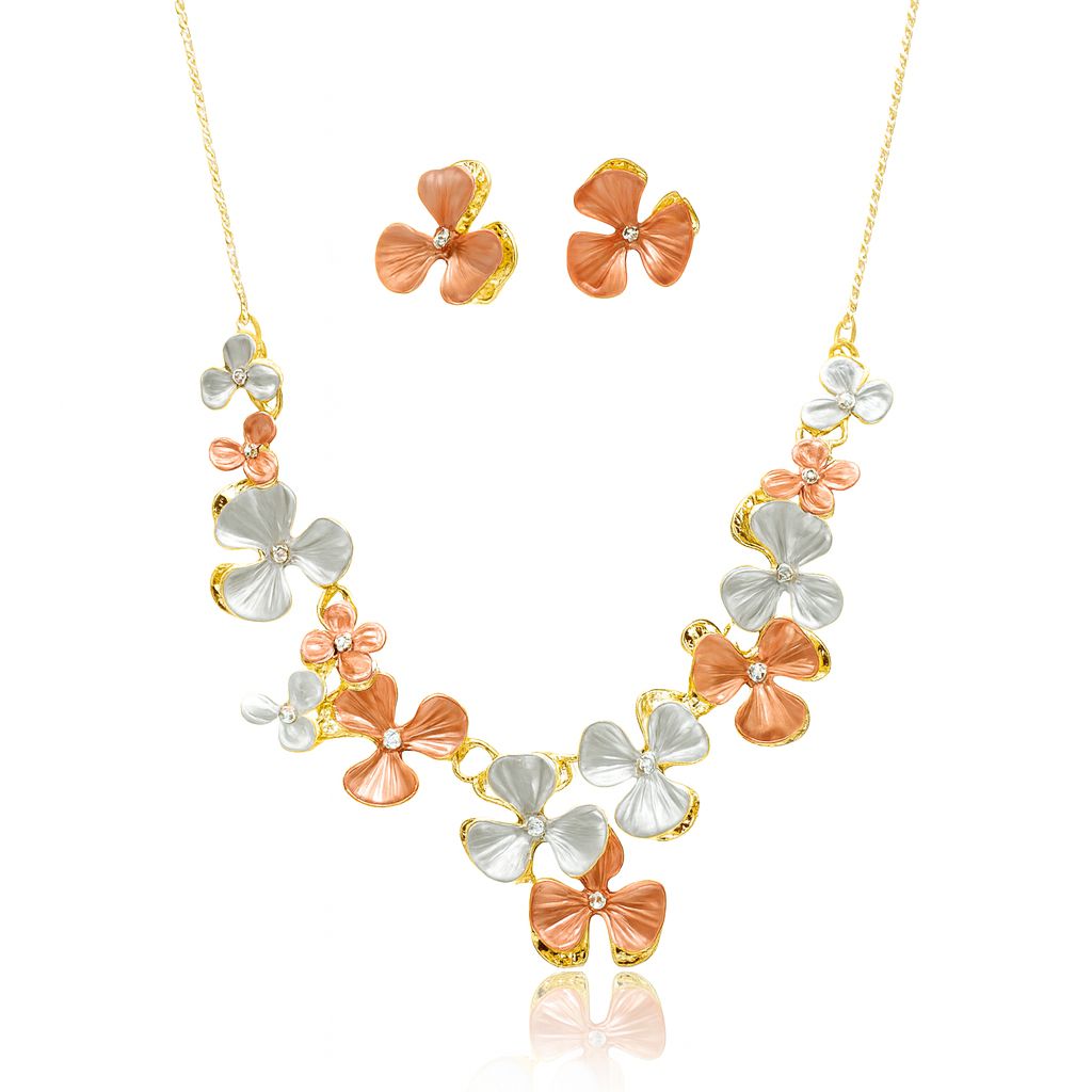 Hand-painted floral necklace and earrings set in KC gold on model