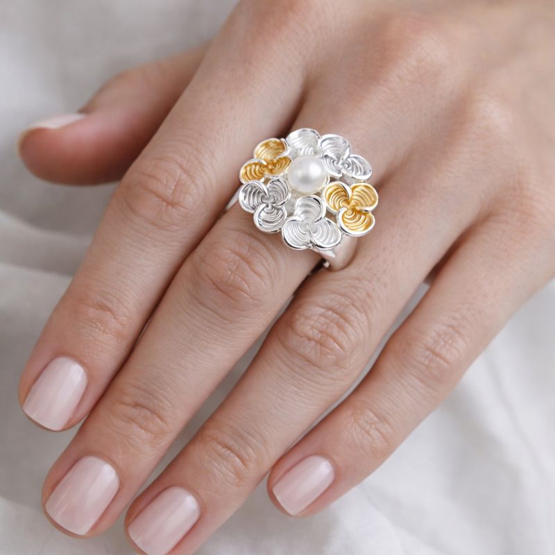 Hand painted floral pearl gold and silver ring with KC gold and silver plating