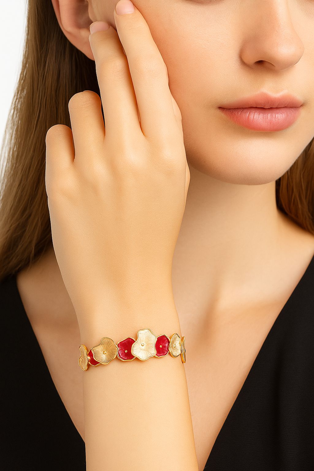 Close-up detail of floral enamel bracelet with KC gold plating
