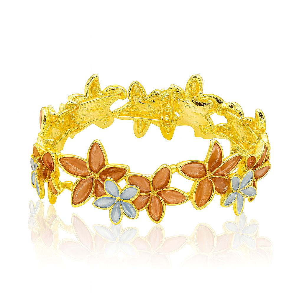Side view of gold floral bracelet featuring peach and pearl enamel petals