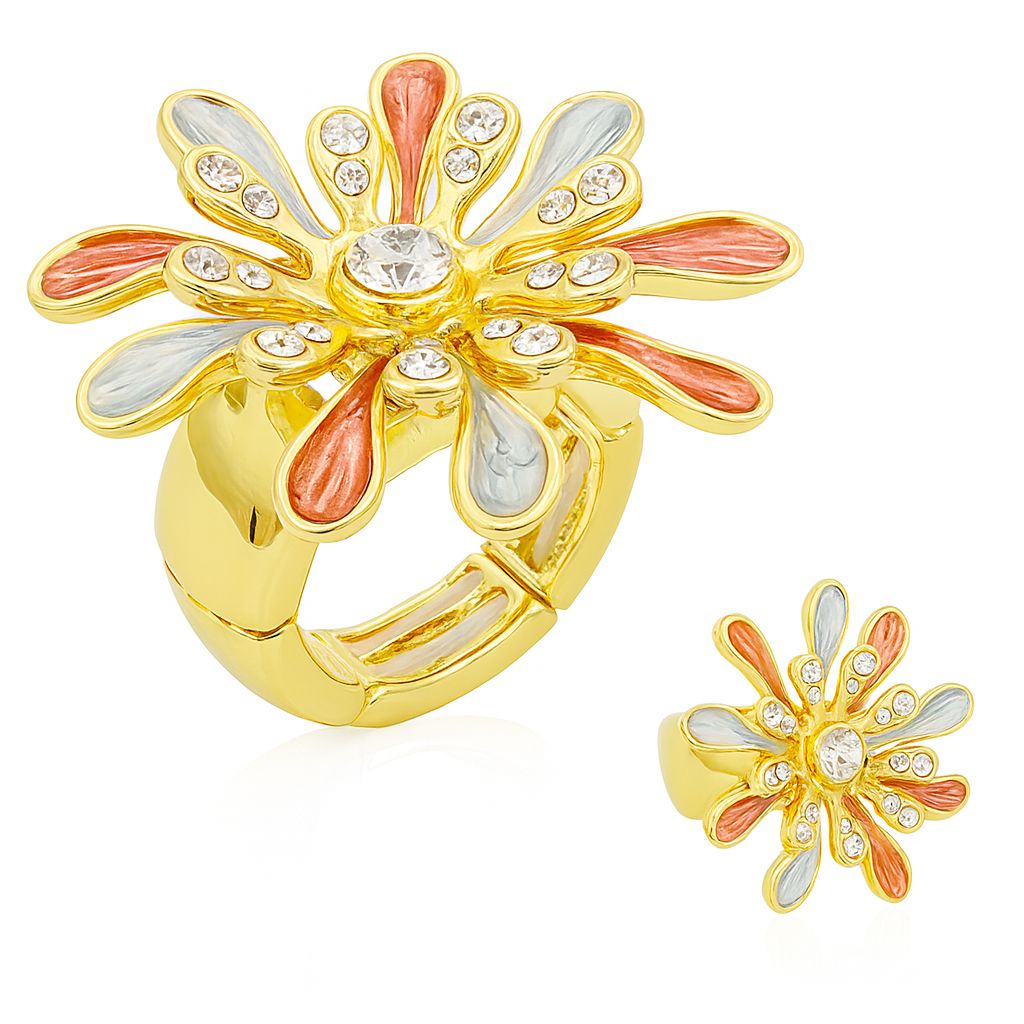 KC gold plated floral petal statement ring with hand-painted enamel and crystals
