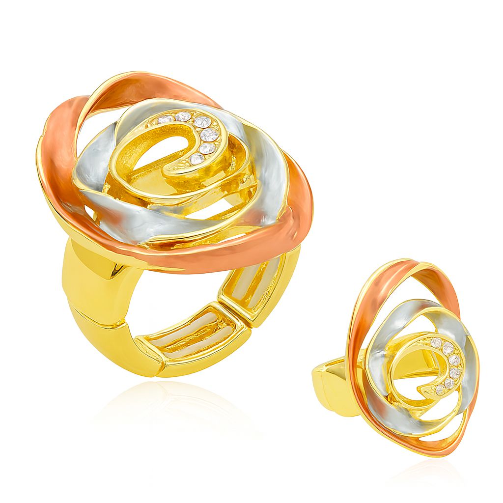 Gold spiral rose statement ring with hand-painted enamel petals