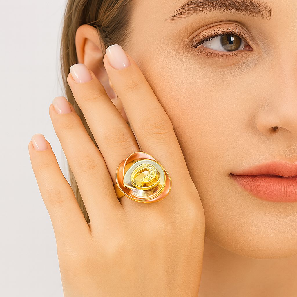 KC gold plated floral ring featuring peach and pearl enamel details