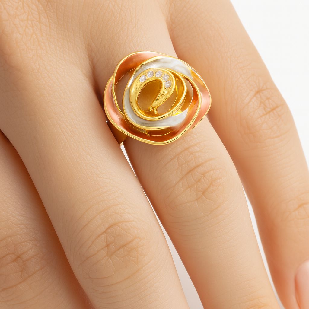 Close-up of sculpted rose ring with crystal swirl centerpiece
