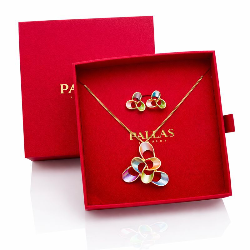 Multicolor enamel flower necklace and earrings set in luxury gift box