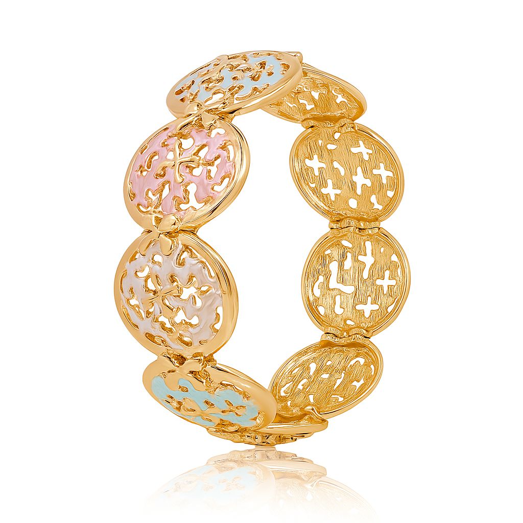 Hand-painted enamel flower medallion bracelet in KC gold finish