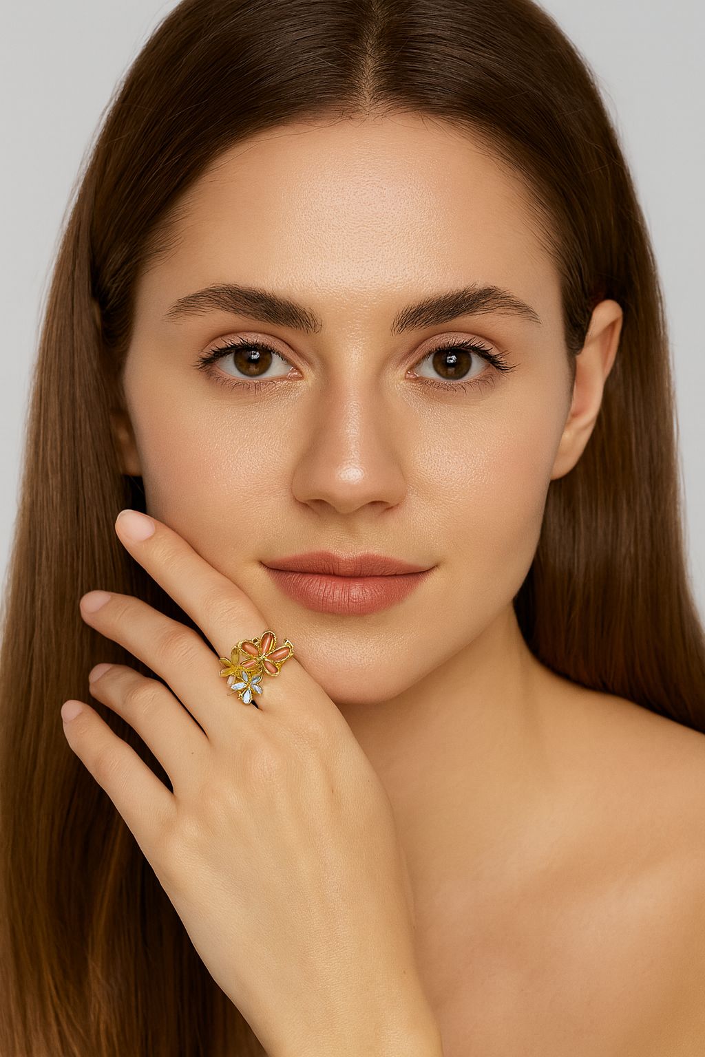 Gold-plated alloy ring featuring multi-color enamel petals – side angle