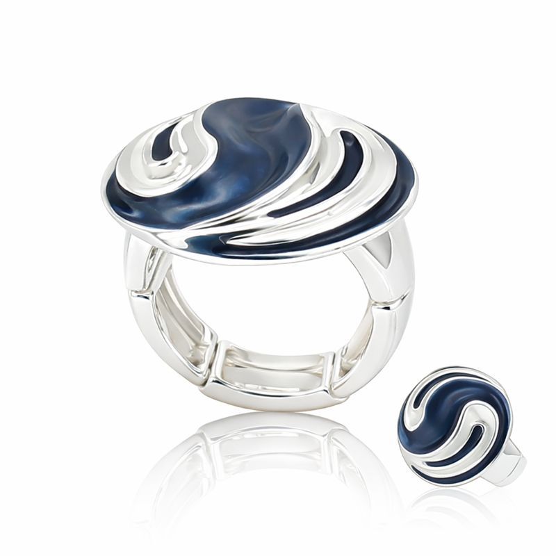 Hand painted blue enamel silver ring with fluid wave design worn by woman