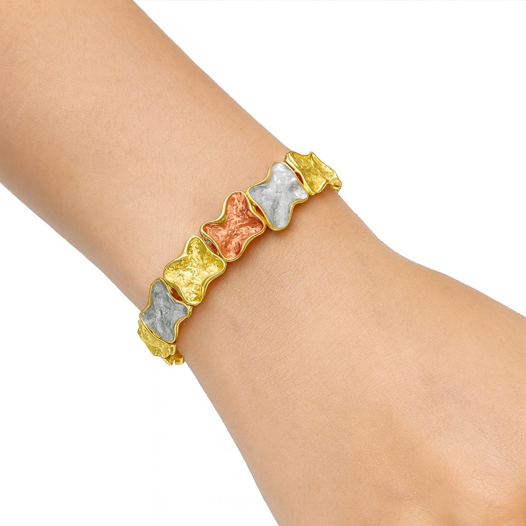 KC gold plated tri-color hand-painted clover link bracelet on wrist
