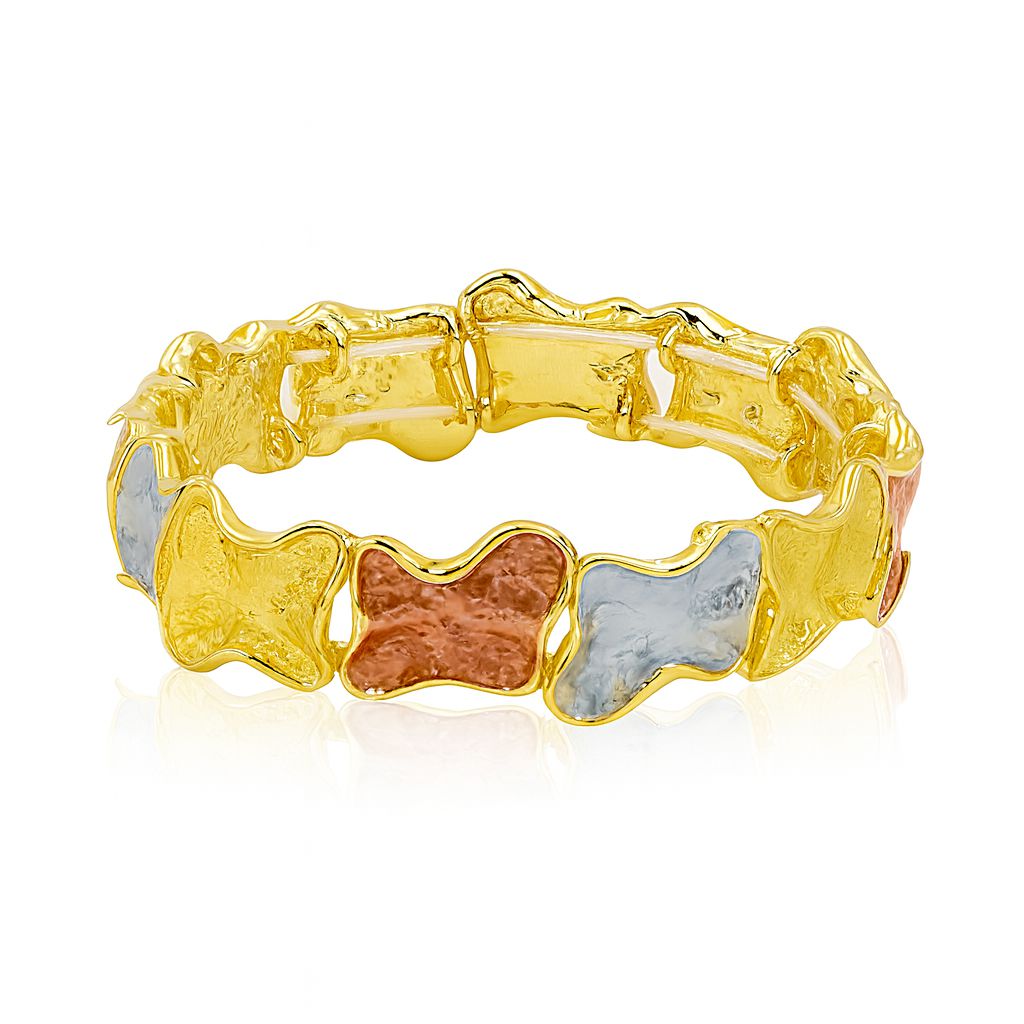 KC gold plated tri-color hand-painted clover link bracelet with artistic textured metal design