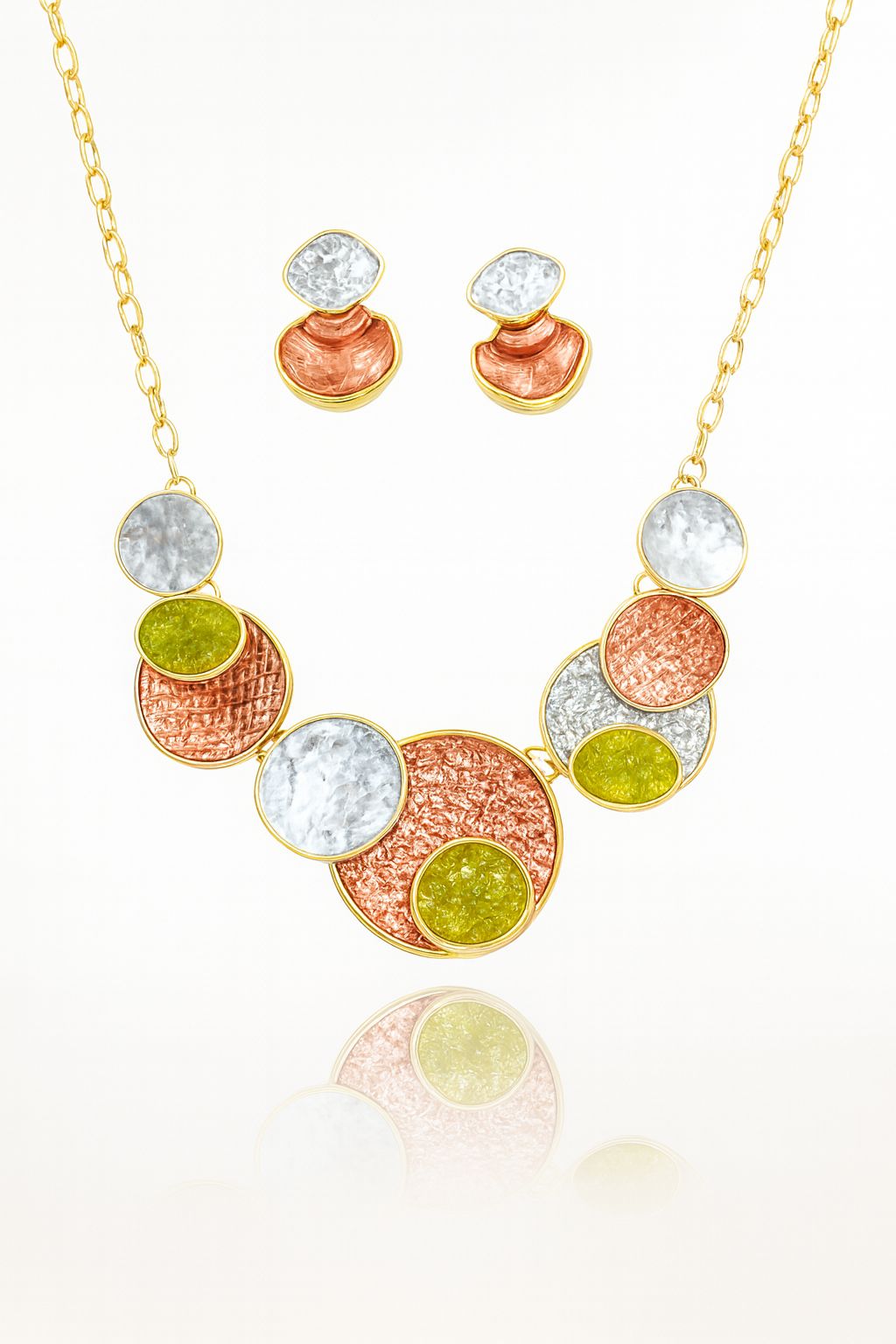 Geometric circle necklace and earring set with KC gold plating and hand-painted enamel
