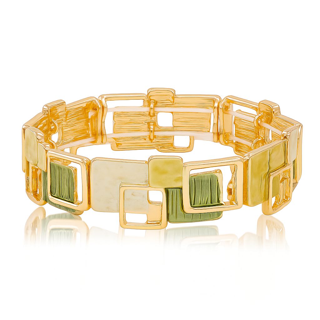 Side angle view of artistic enamel bangle with colorful hand-painted details