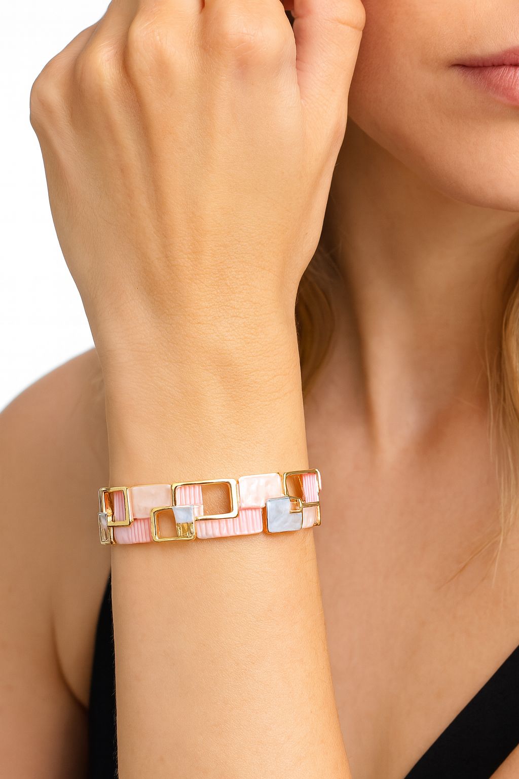 Detail close up of hand painted enamel bracelet for women